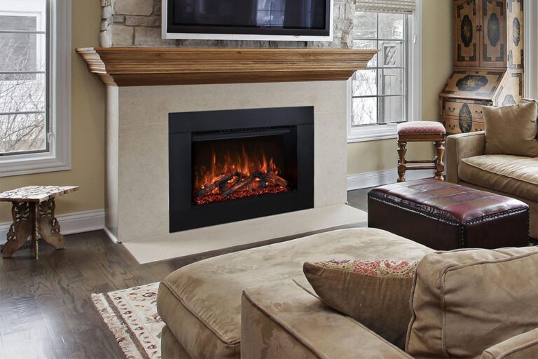 Electric fireplace insert in a living room