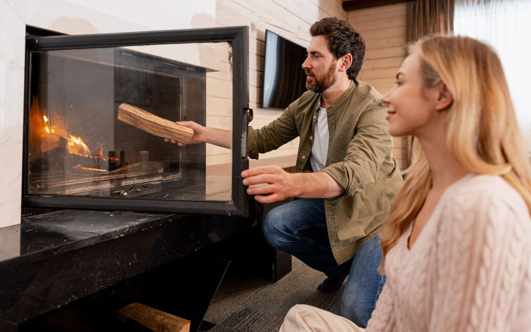nside a cozy room, a man with dark, curly hair and a beard places a log into a lit fireplace.